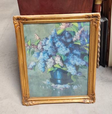 a picture of a painting of a blue vase with purple flowers