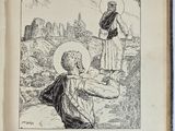 an old book with a drawing of a man and a woman sitting on a rock