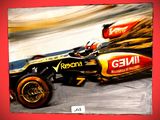 peinture représentant une voiture de course sur un circuit, sur fond rouge