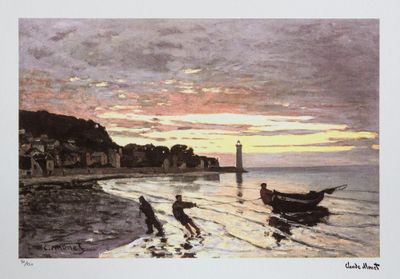 a painting of two people on the beach by the water