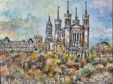 tableau représentant un grand bâtiment au milieu d'une forêt