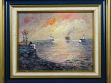 an oil painting of a sunset over a body of water