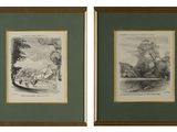 two framed prints of a man and a woman in a boat