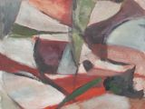 peinture abstraite représentant des formes rouges, blanches et vertes sur fond blanc