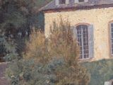 an oil painting of a house with a horse in front of it