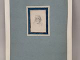 a drawing of a woman in a blue frame with a blue border