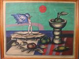 tableau représentant une femme debout sur une table, avec des fruits et un oiseau