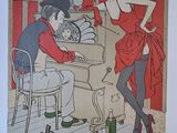 une photo d'une femme en robe rouge assise à un bureau