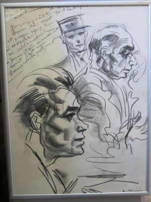 dessin représentant un groupe d'hommes en costume et chapeau devant un dessin représentant un homme et une femme