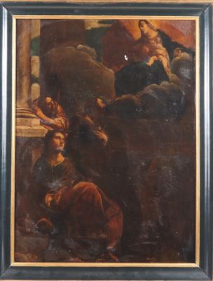 a painting of a man kneeling down next to a woman holding a baby
