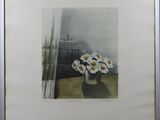 painting of flowers in a vase on a table in front of a window