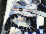 un tableau représentant un homme jouant de la guitare devant une fenêtre