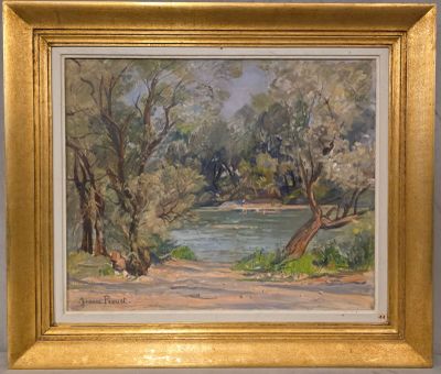 une peinture à l'huile représentant une scène fluviale avec des arbres et une route
