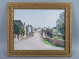 an oil painting of a street with houses and people walking down it