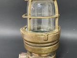 a brass plated light with a glass dome on top of it