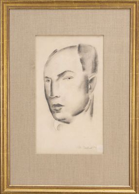 a pencil drawing of a man ' s face in a gold frame