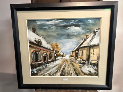 tableau représentant une rue enneigée avec des maisons et des arbres en arrière-plan