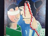 tableau représentant une femme et un homme avec un bandage sur le visage