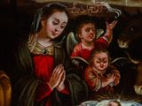 painting of a nativity scene with angels and a baby in a manger