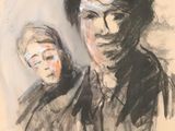 drawing of a man and a woman with a cross in the background
