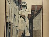 painting of a narrow street with a clock tower in the distance