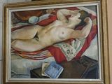 a painting of a nude woman laying on a bed