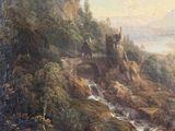 an image of a painting of a river with a castle in the background
