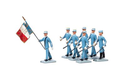 figurines of a group of men in blue uniforms holding a flag