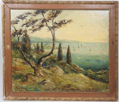 une peinture à l'huile représentant un arbre sur une colline surplombant un plan d'eau