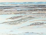 un tableau représentant un homme marchant sur la plage avec une planche de surf