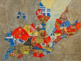 une image représentant une carte de l'Angleterre avec des drapeaux