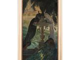 une peinture à l'huile représentant deux paons buvant de l'eau à une fontaine