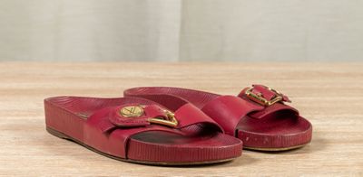 pair of women ' s red leather sandals with gold buckles on a wooden surface