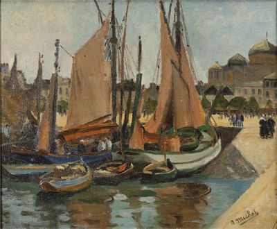 une peinture représentant une scène portuaire avec des bateaux sur l'eau
