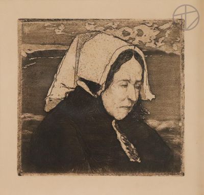 portrait of an old woman with a bonnet on her head in a black and white photo