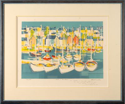 a painting of boats in a harbor with buildings in the background