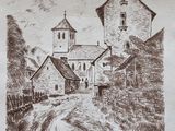 dessin au crayon d'une église sur une colline avec un chemin de terre devant elle