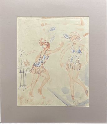 drawing of two women in bathing suits playing with a frisbee