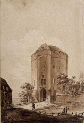 un vieux dessin représentant un château surmonté d'une tour horloge