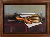 an oil painting of a violin on a table next to a candle