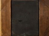an old wooden picture frame with a chalk board in the middle