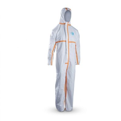 a white and orange coverall with a hood on it