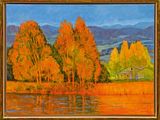 une peinture à l'huile représentant un paysage avec des arbres et de l'eau