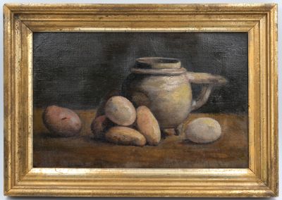 tableau représentant une nature morte avec un pichet et des pommes de terre posés sur une table