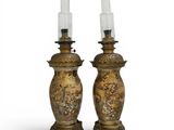 pair of antique brass candlesticks with hand painted floral designs