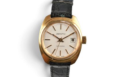 an image of a gold watch with a white dial on a black leather strap