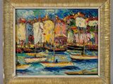 an oil painting of boats in a harbor with buildings in the background