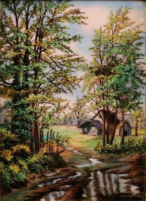 une peinture à l'huile représentant une scène champêtre avec un ruisseau au premier plan