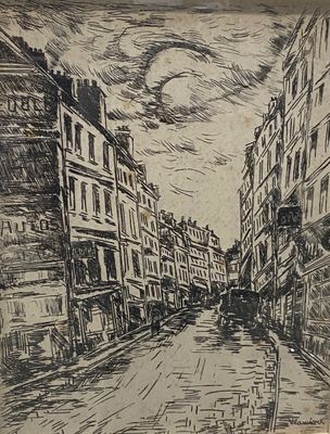 a drawing of a city street with buildings on both sides of it