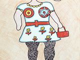 un dessin représentant une femme vêtue d'une robe et tenant un sac à main
